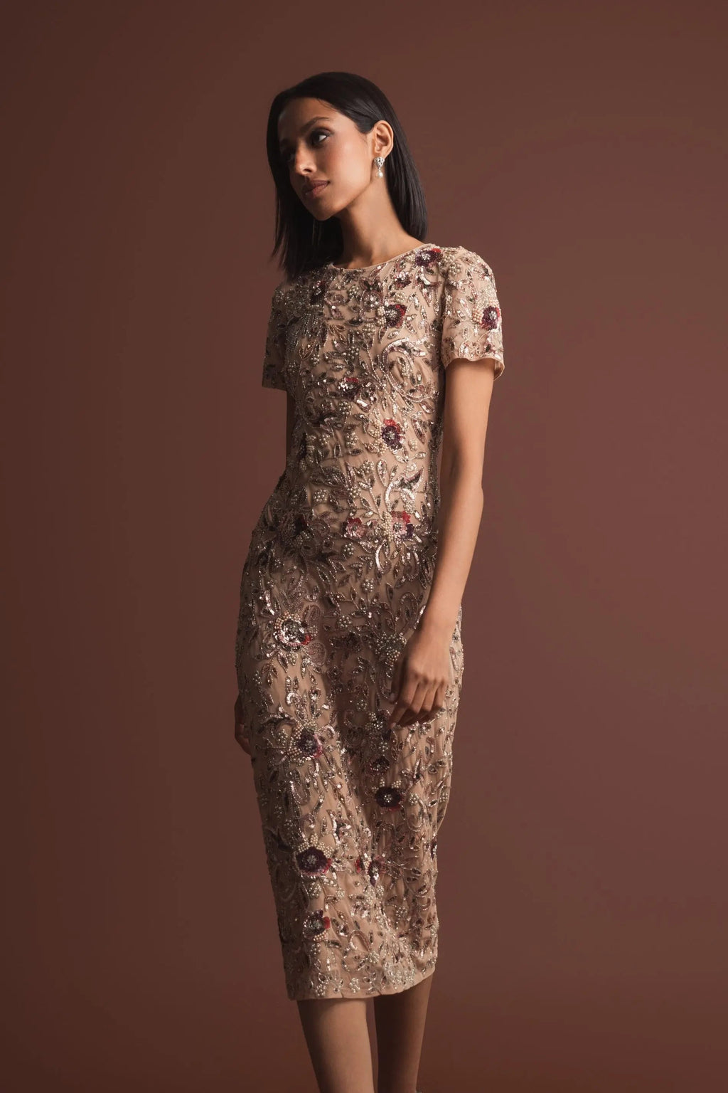 Beige Floral Embellished Short Sleeve Midi Dress