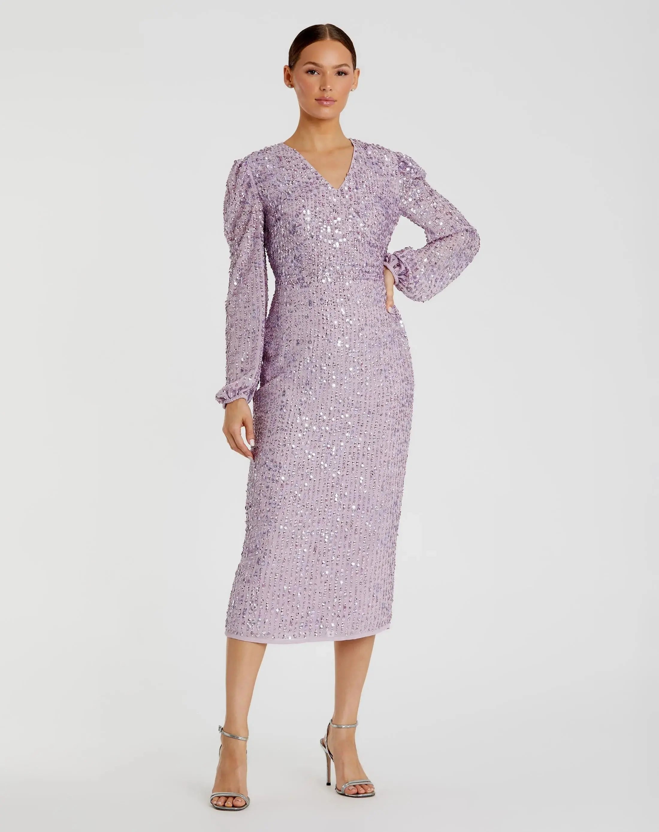 Purple Sequined Illusion Puff Sleeve V Neck Midi Dress