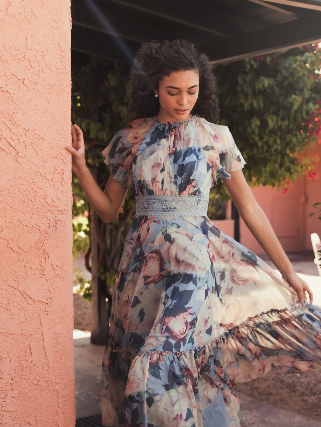 Multicolor Floral Chiffon High Neck Flutter Sleeve Dress