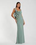 Green Sleeveless Jersey Cowl Neck Gown With Beading