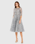 Silver High Neck Above Elbow Sleeve Embellished A Line Dress