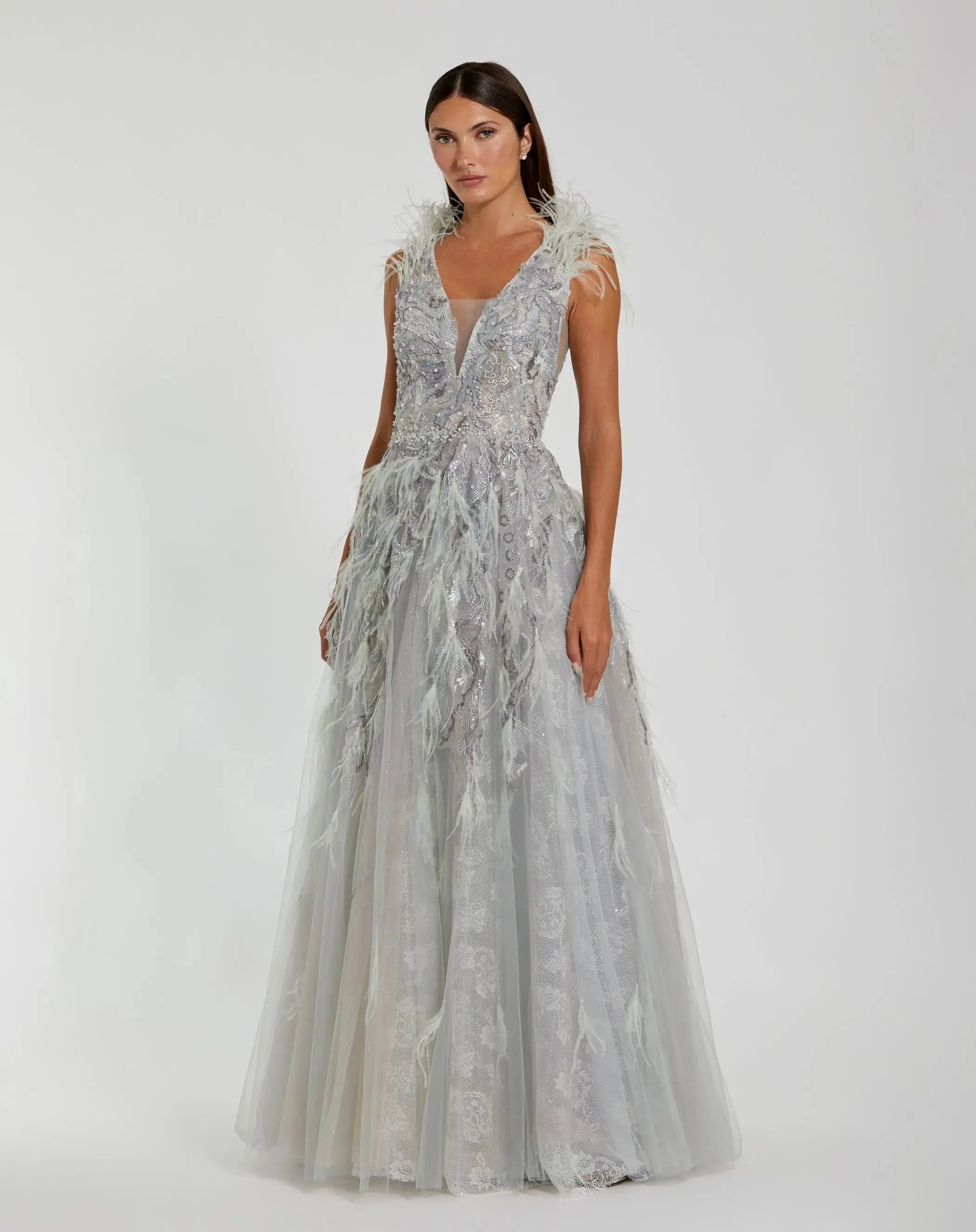 Green Embellished Feathered Sleeveless A Line Gown