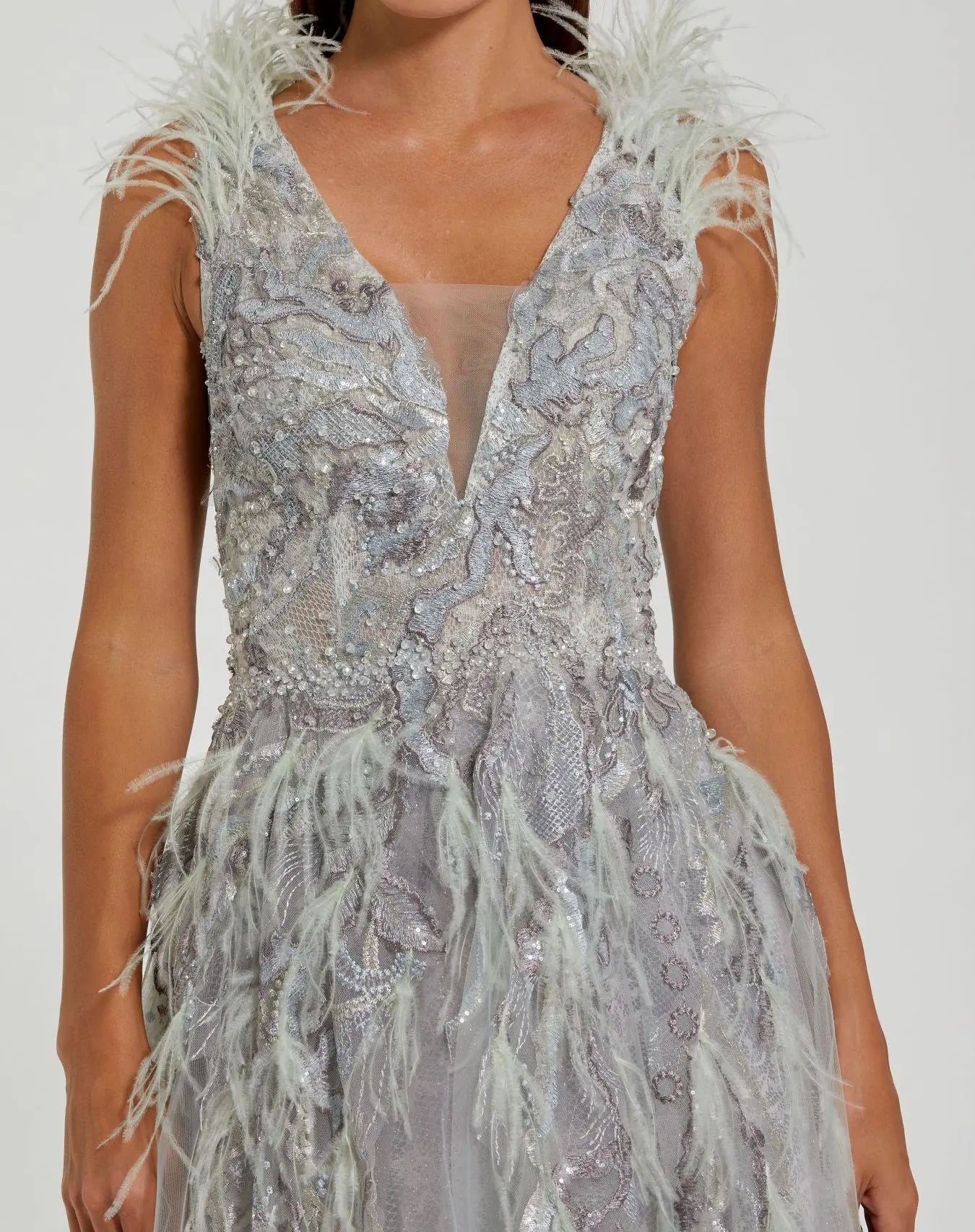 Green Embellished Feathered Sleeveless A Line Gown