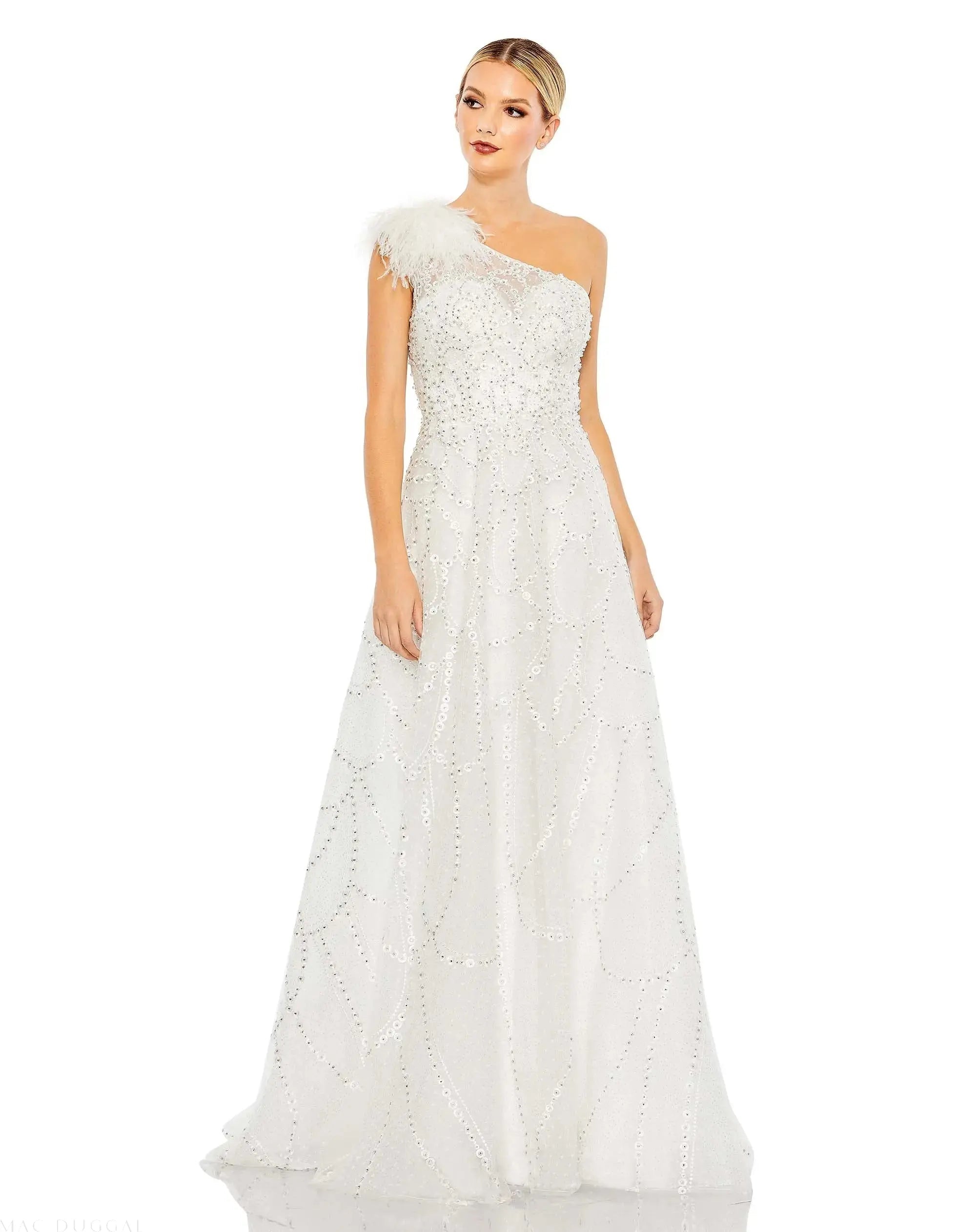White Embellished One Shoulder A Line Gown