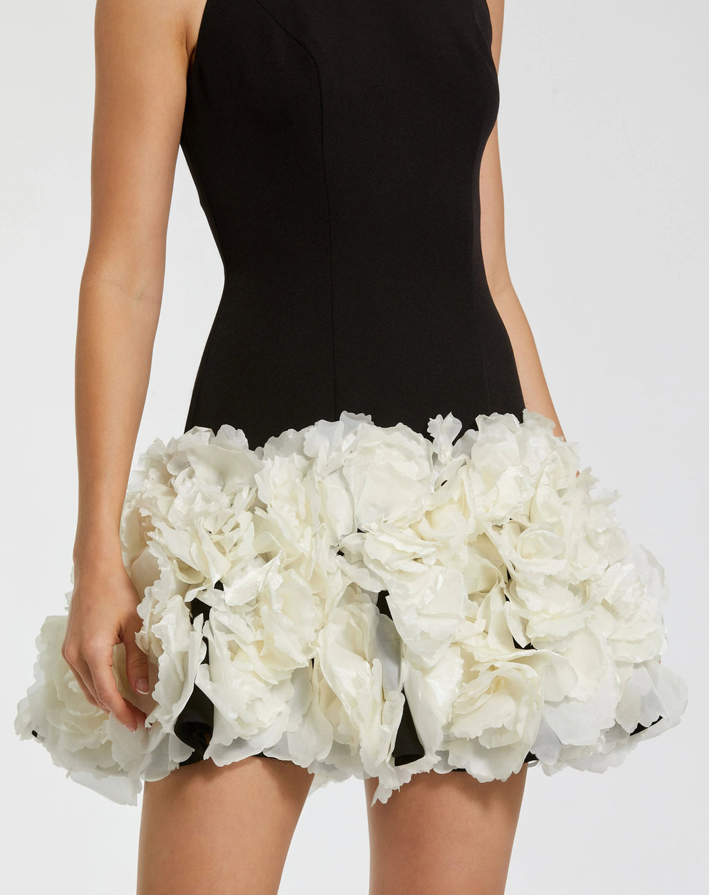 Black and White Sleeveless Mini Dress with 3D Floral Skirt