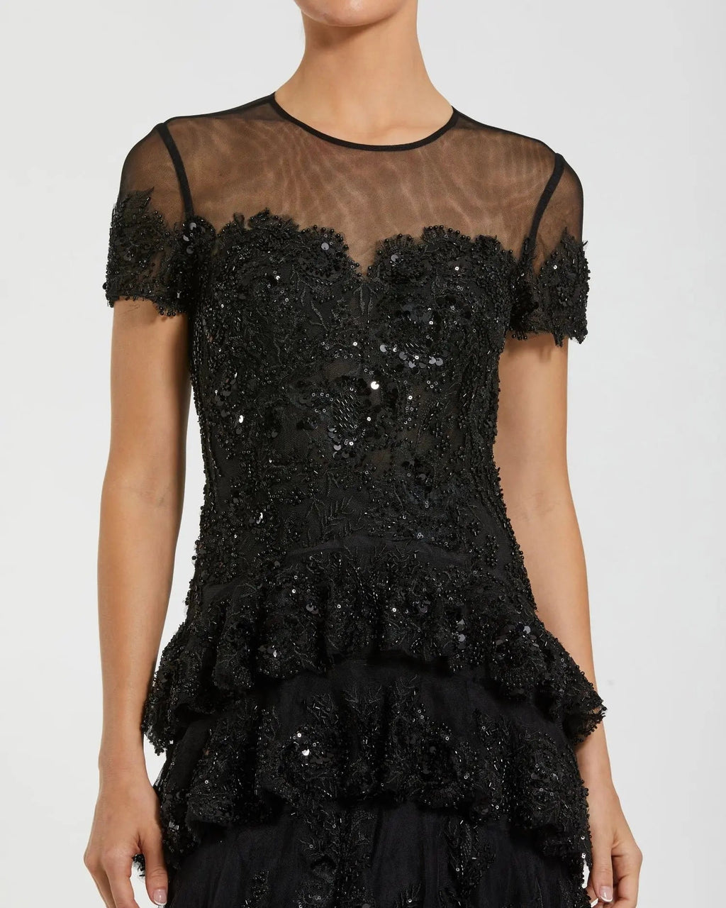 Black Short Sleeve Tiered Evening Gown with Embellishments