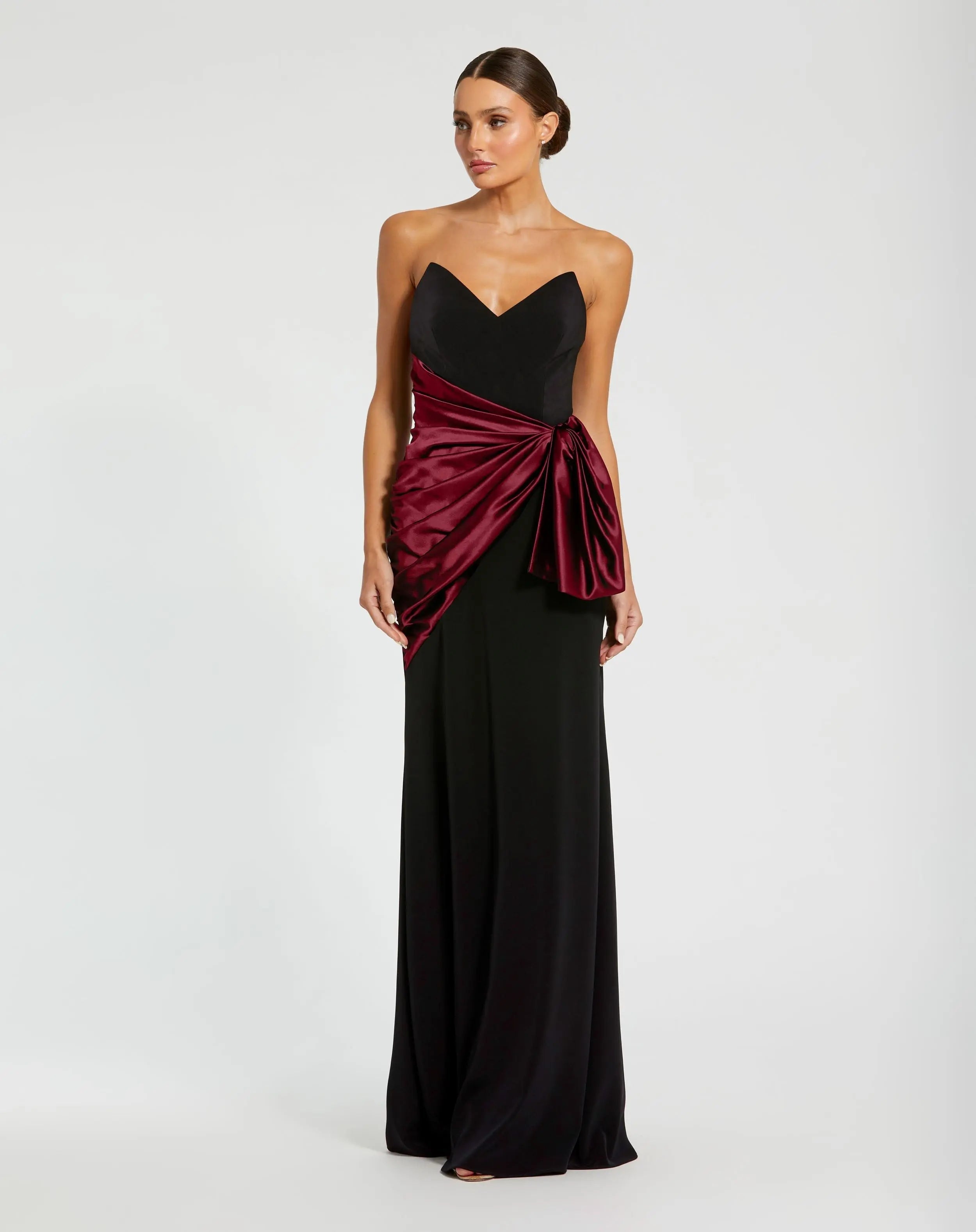 Black Two Tone Draped Strapless Trumpet Gown