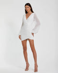 White Long Blouson Sleeve Ruched Mini Dress