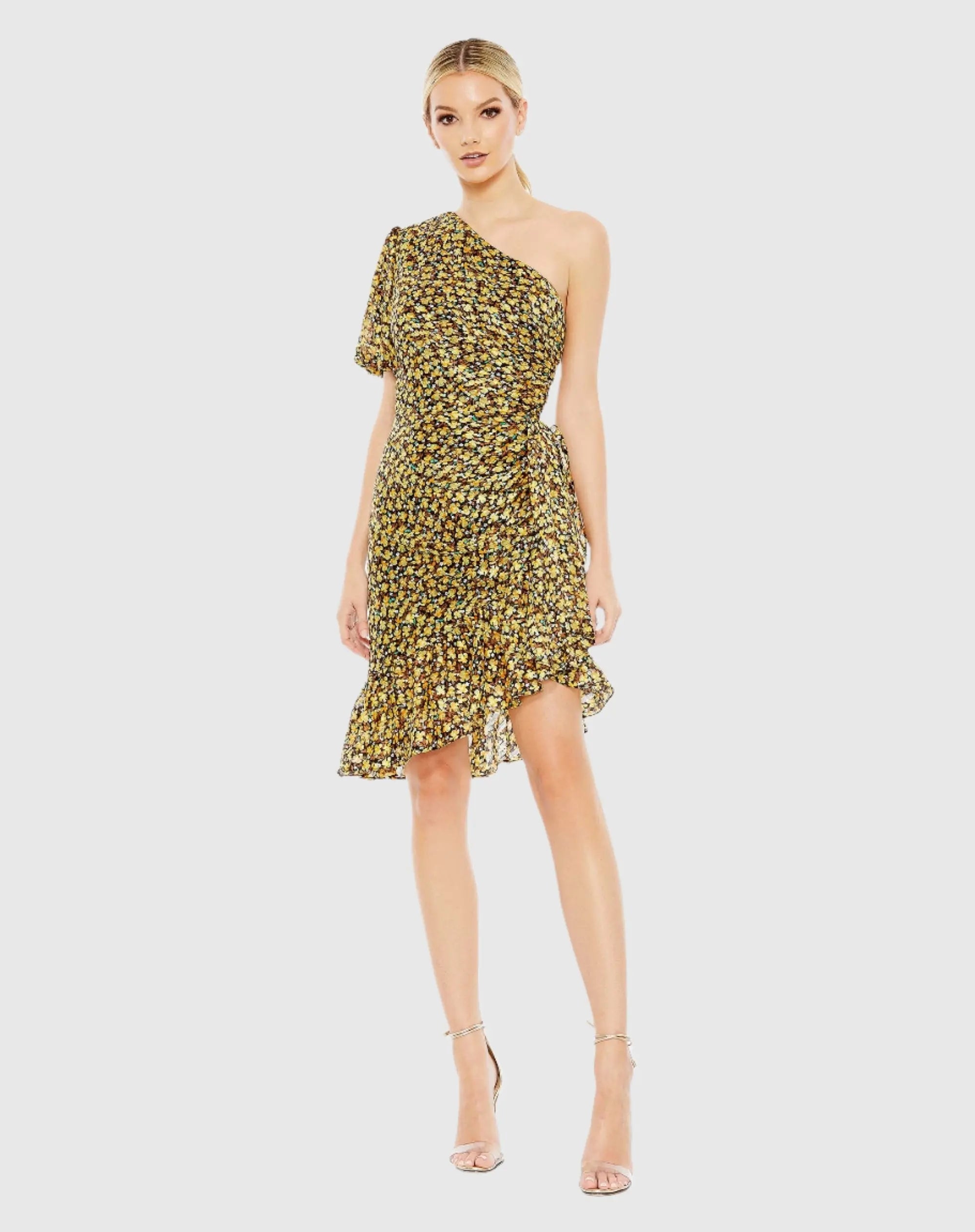 Black Floral Print Draped One Sleeve Ruffled Hem Dress