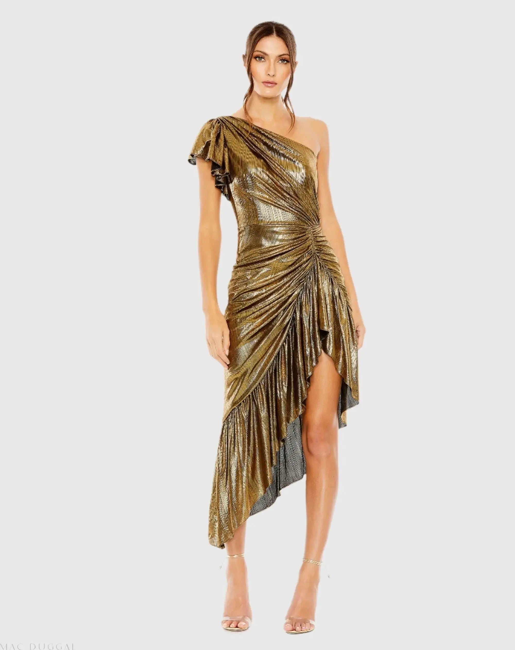 Gold One Shoulder Flutter Sleeve High Low Dress