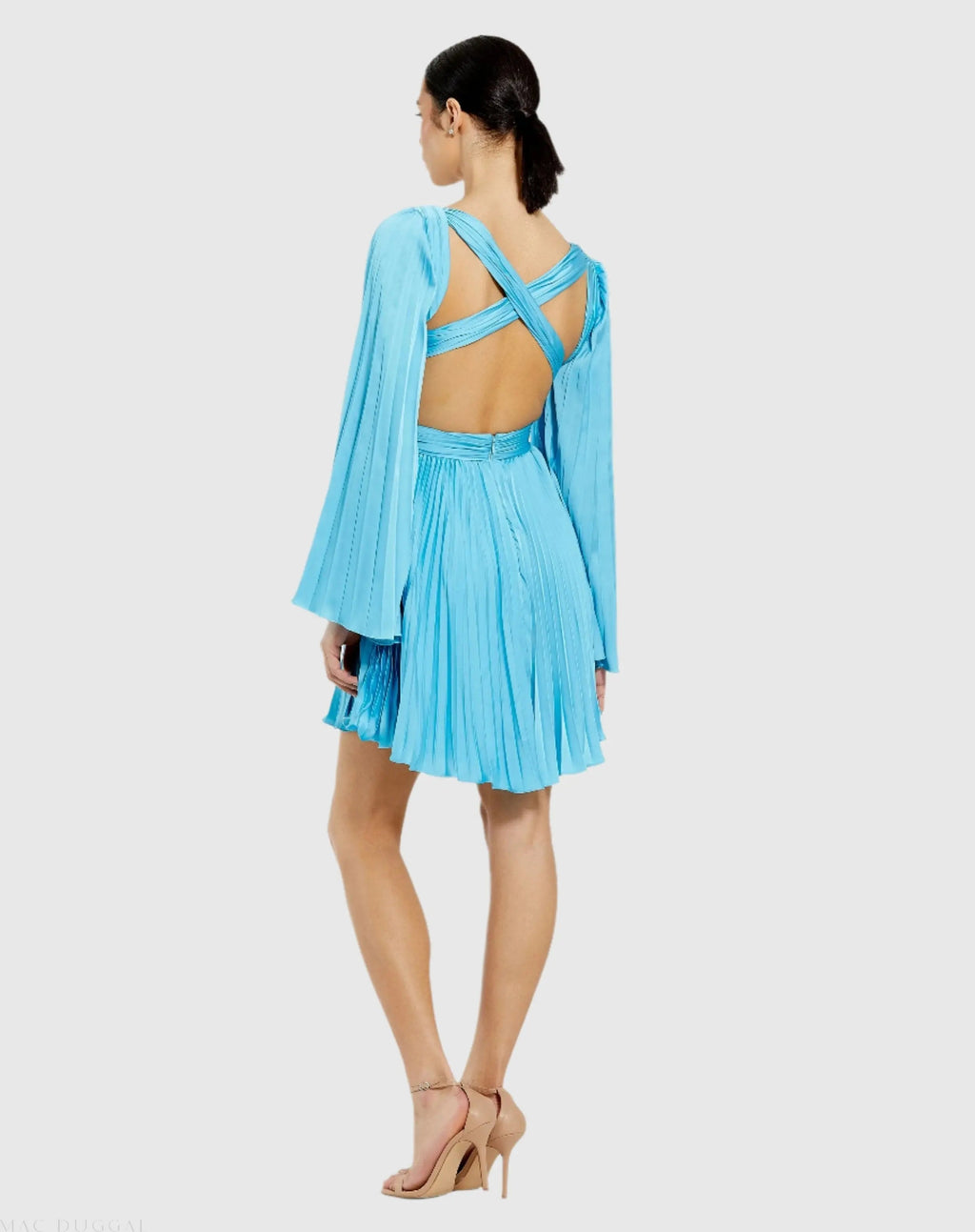 Blue Pleated V-Neck Cutout Long Sleeve Mini Dress - FINAL SALE