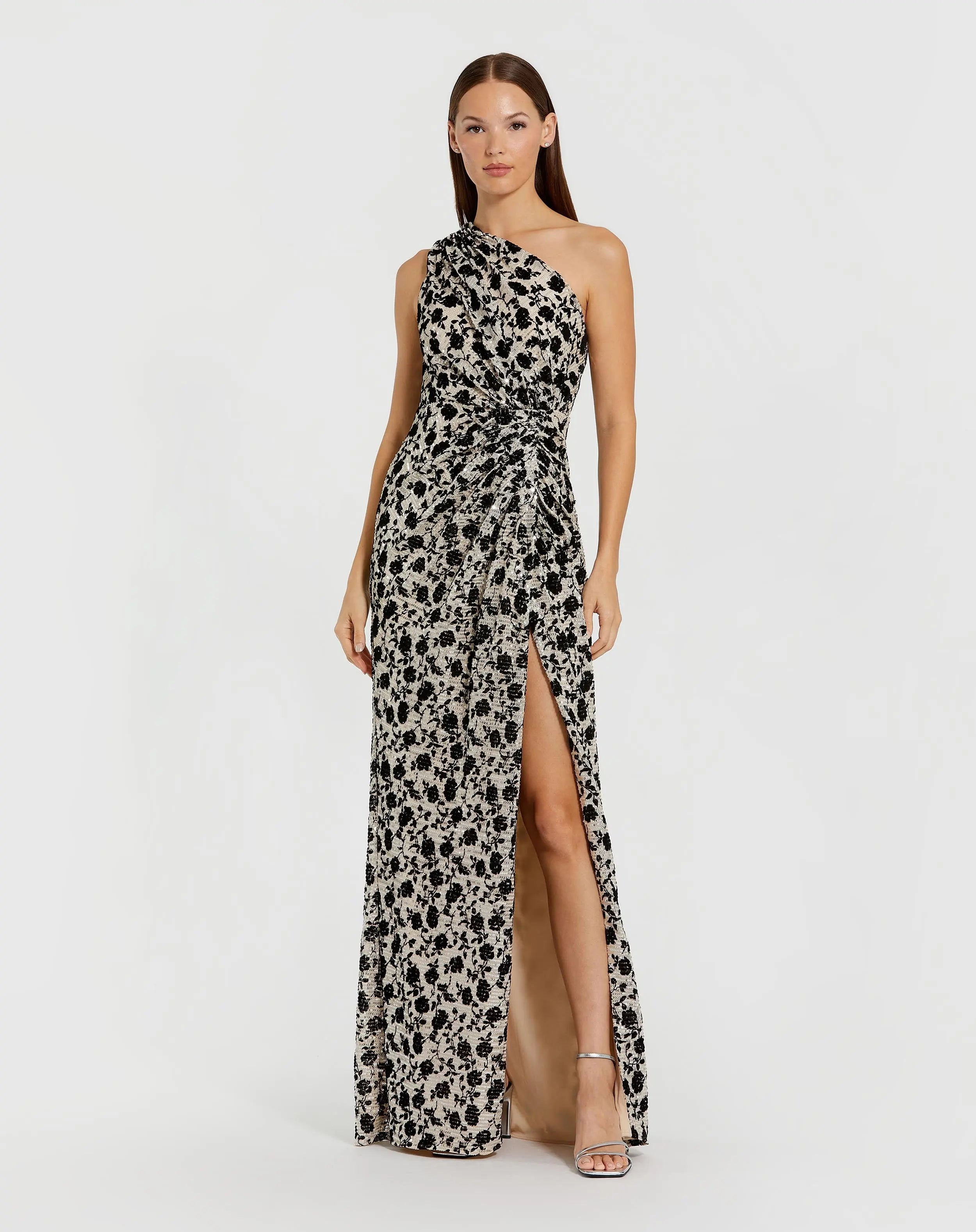 Beige One Shoulder Sequin Gown with Floral Velvet Detail