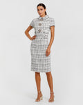 White Fitted Boucle Short Sleeve Button Up Midi Dress