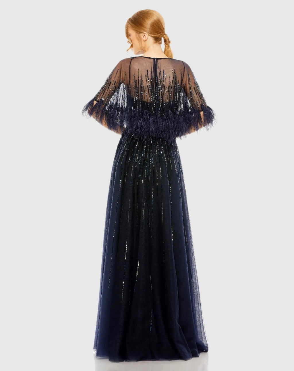 Navy Embellished A Line Gown with Feather Detail Cape