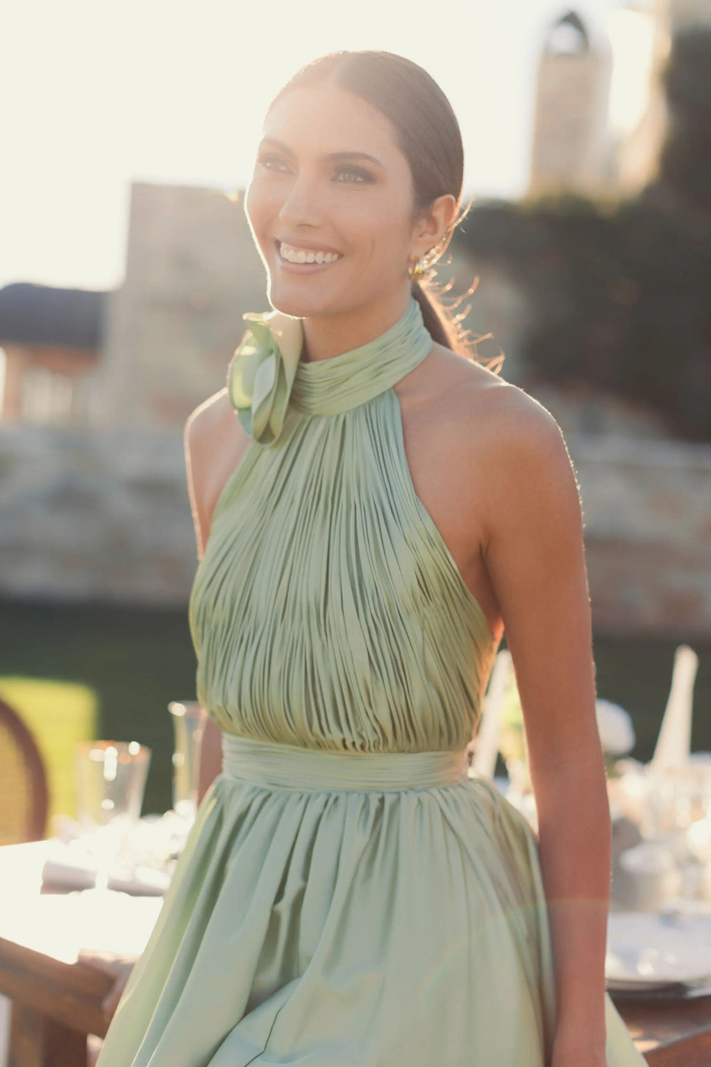 Green Soft Tie Halter Neck High Slit Gown