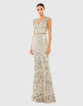White and Silver Embellished V Neck Cap Sleeve Sequin Gown