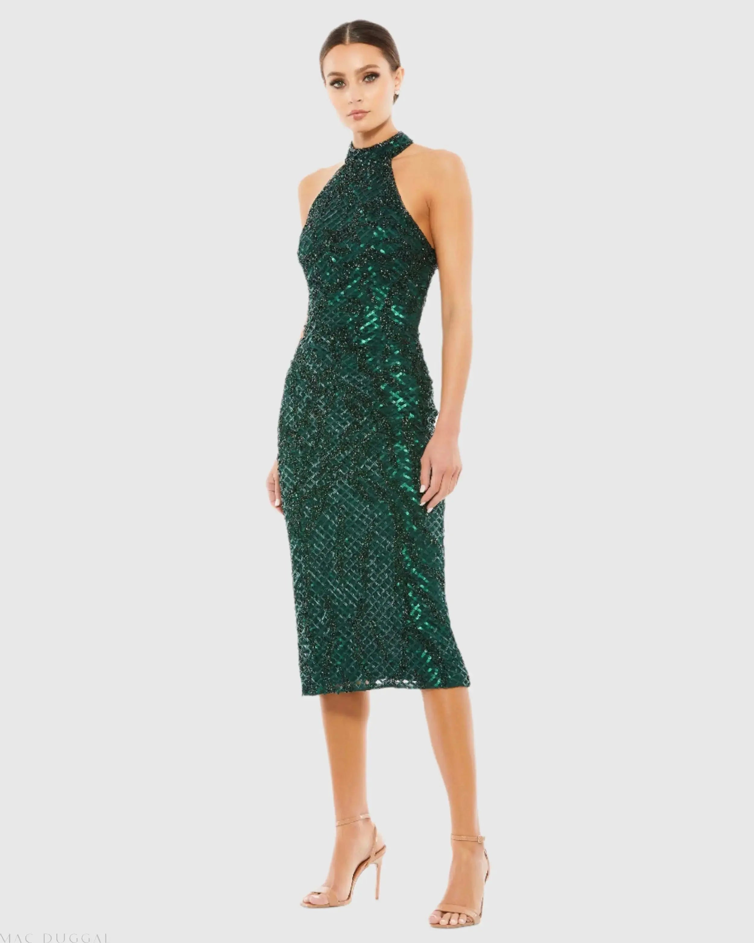 Green Embellished Halter Midi Dress