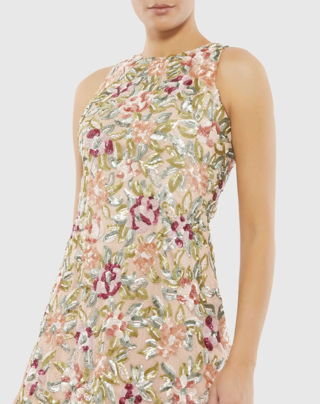 Pink Sequined Floral Detail Sleeveless Mini Dress