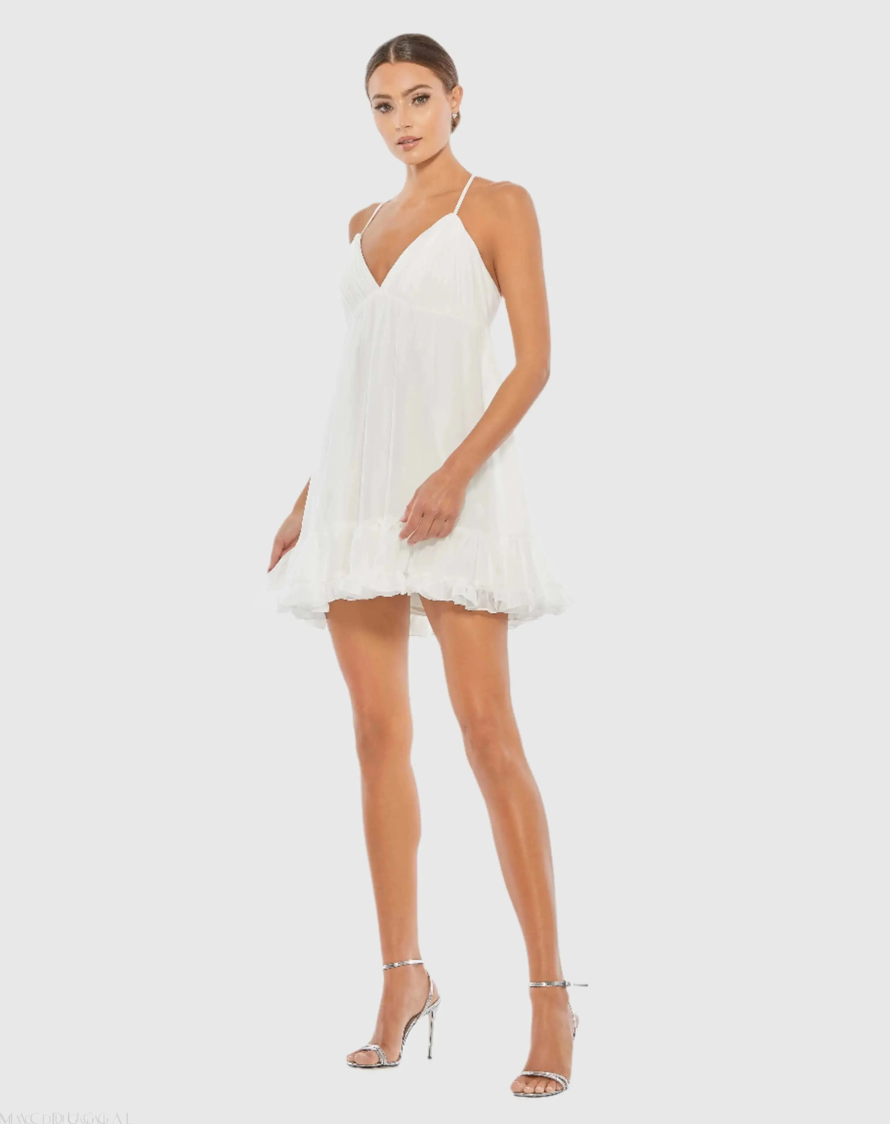 White Ruffle V-Neck Criss-Cross Mini Dress