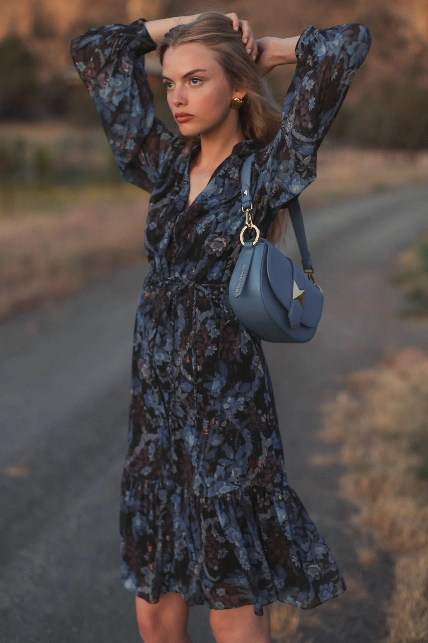 Blue Lurex Chiffon Bishop Sleeve Button Up Midi Dress