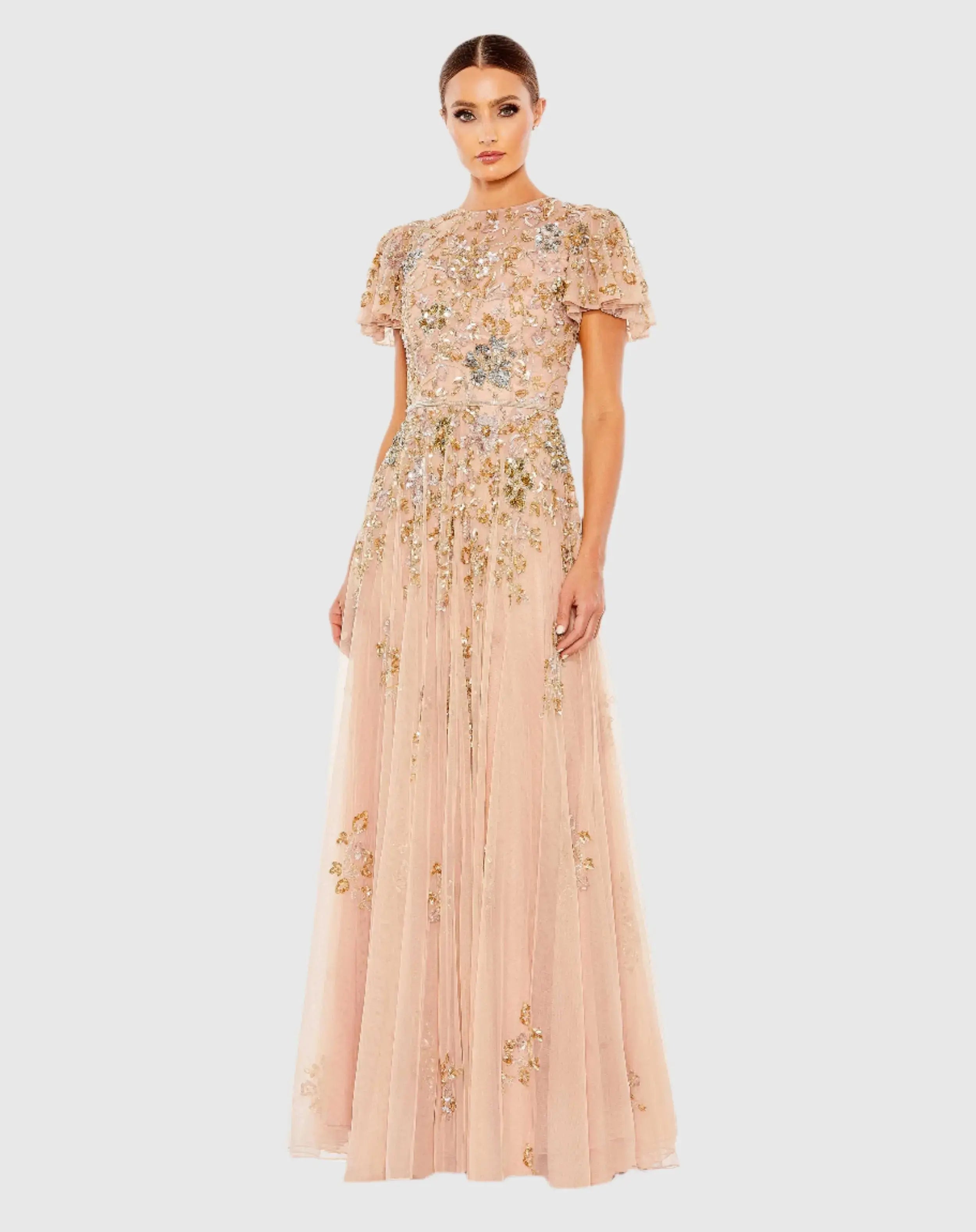 Pink Embellished Butterfly Sleeve High Neck Gown