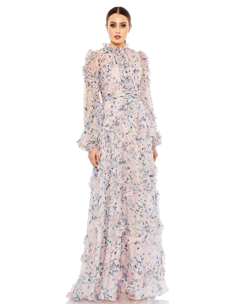 Light Pink Ruffle Tiered Puff Sleeve A Line Dress