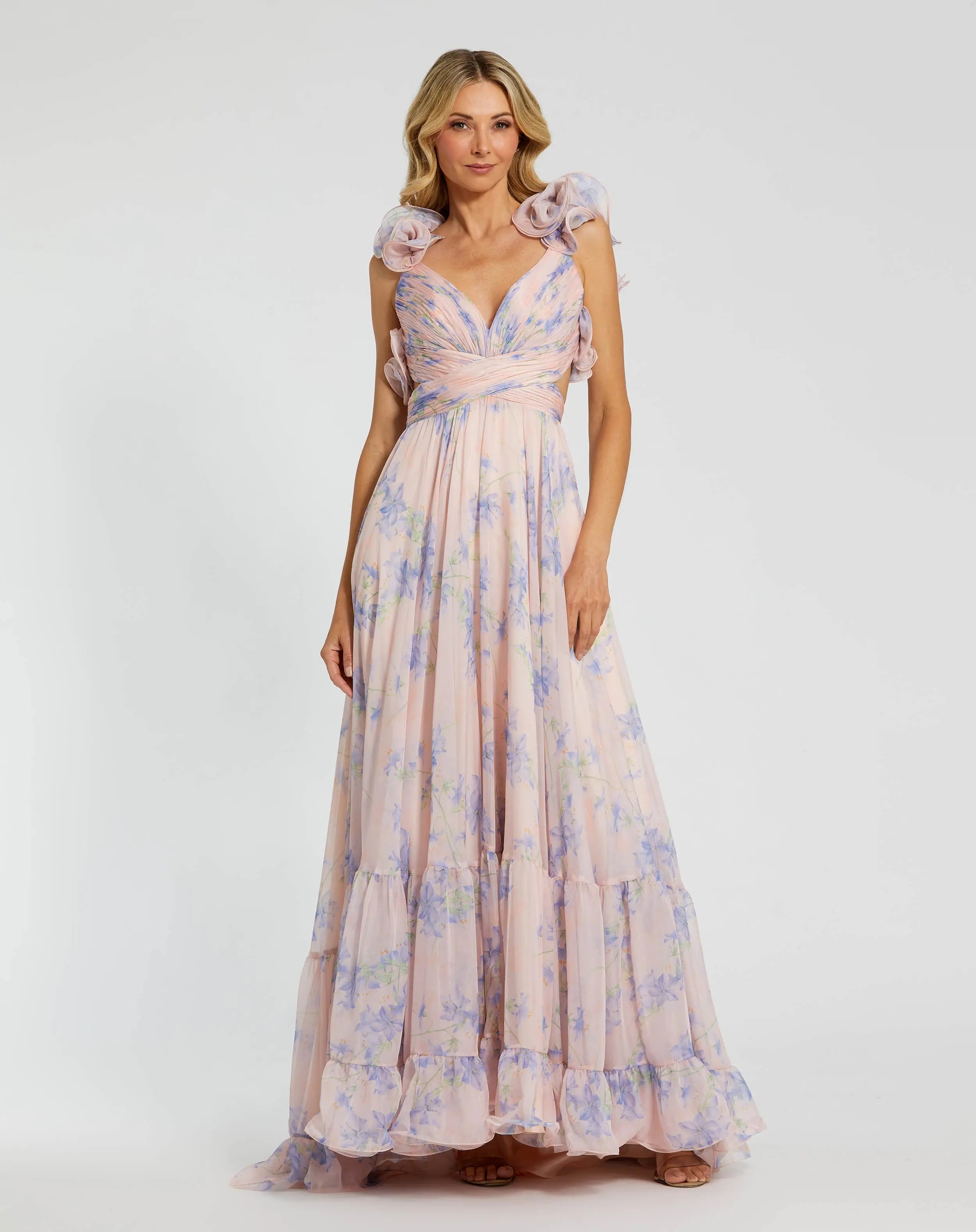 Pink Ruffle Tiered Cut-Out Chiffon Floral Dress