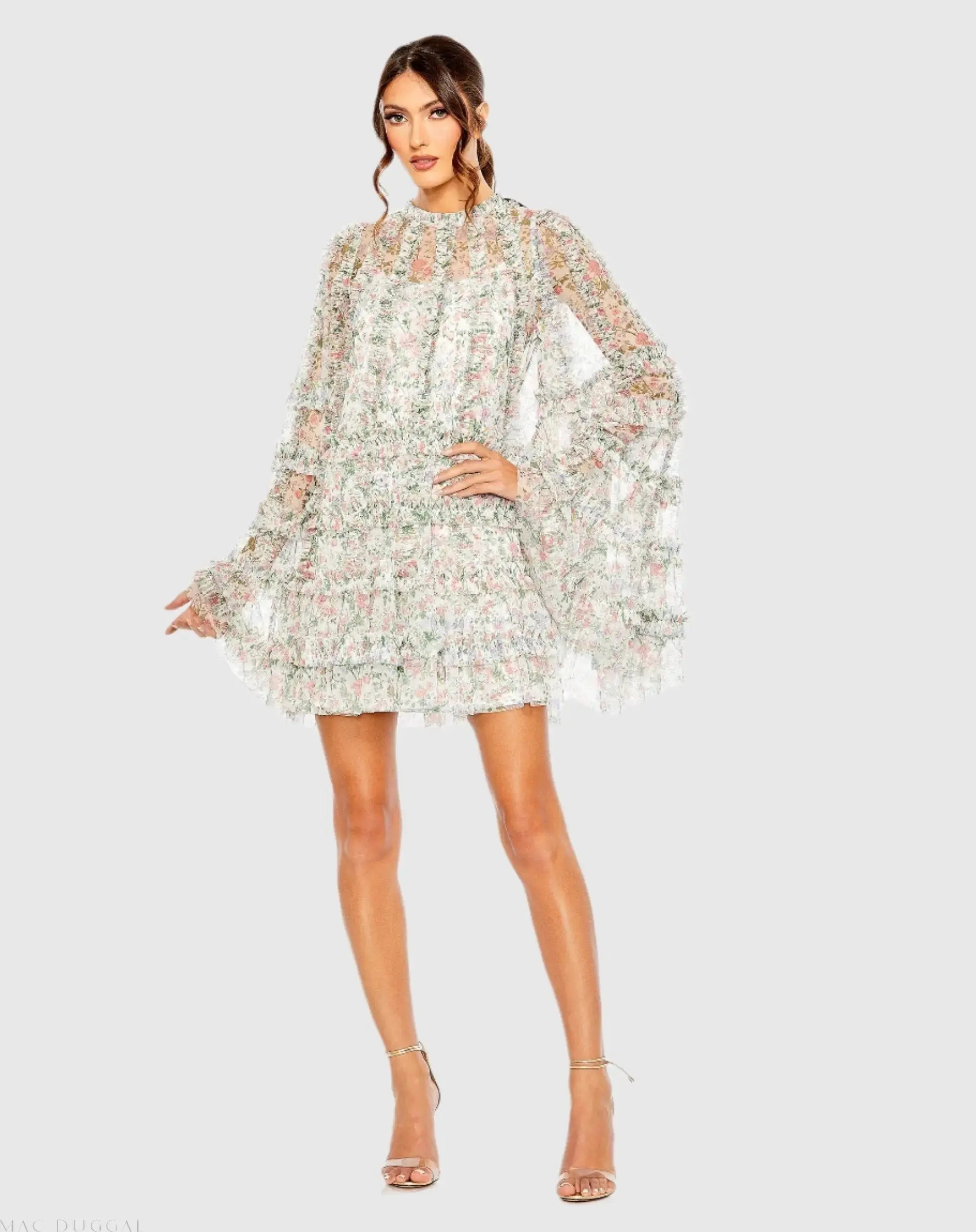 Multicolor Floral Print Long Flare Sleeve Mesh A-Line Dress