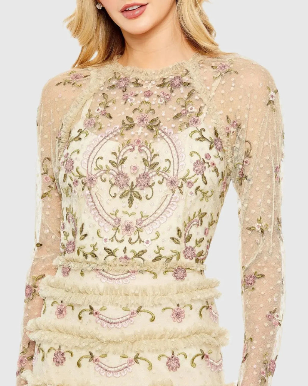 Beige Mesh Polka Dot Long Sleeve Floral Ruffle Tired Gown