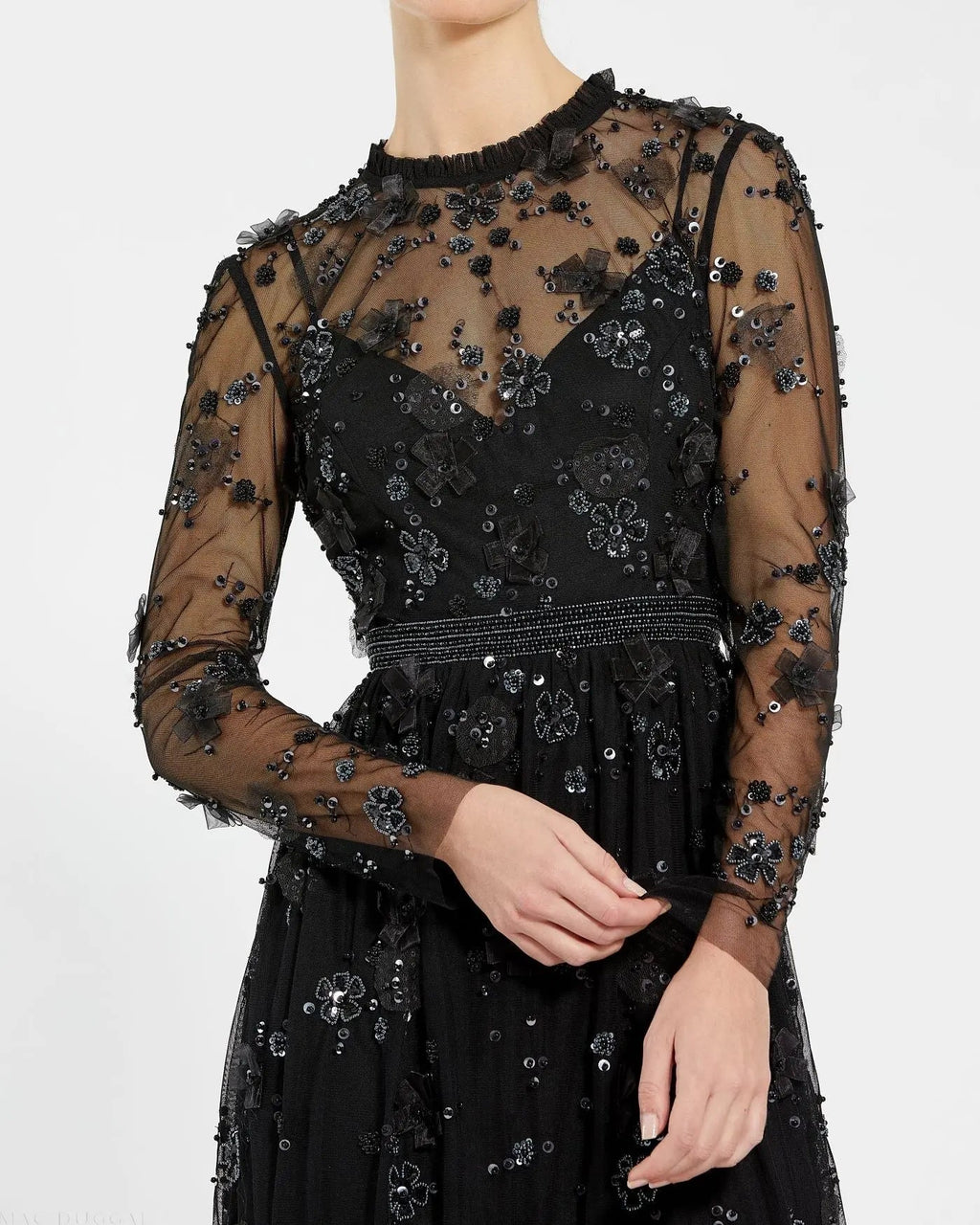 Black Sheer Long Sleeve Embellished Mini Dress