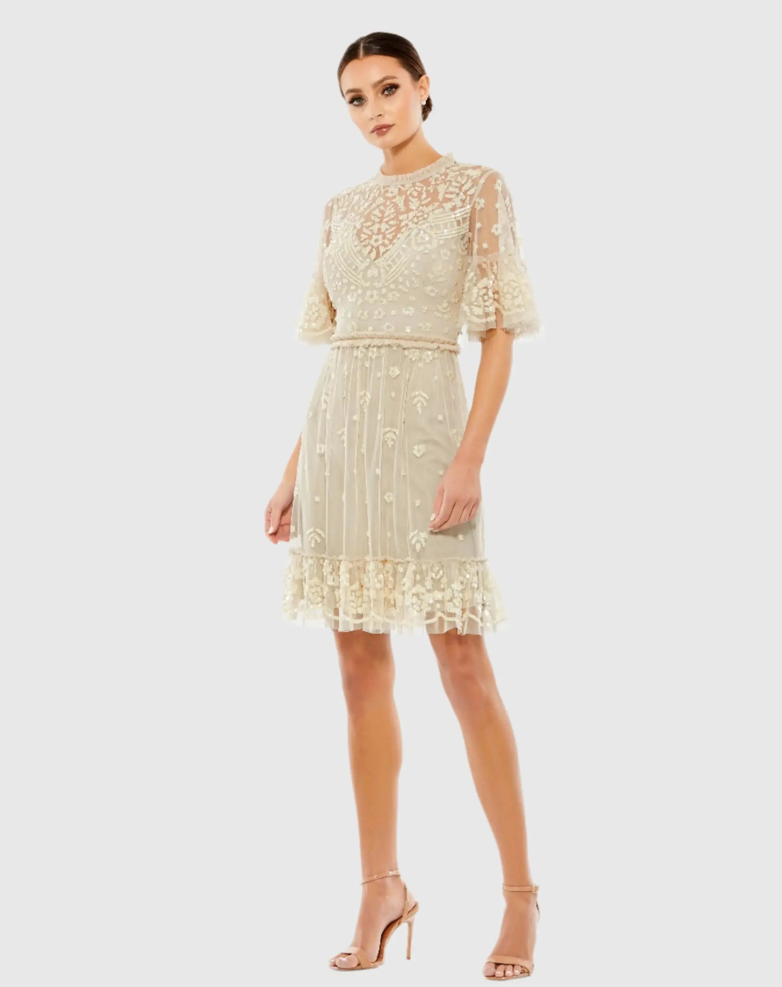 Beige Embellished Illusion High Neck Mini Dress