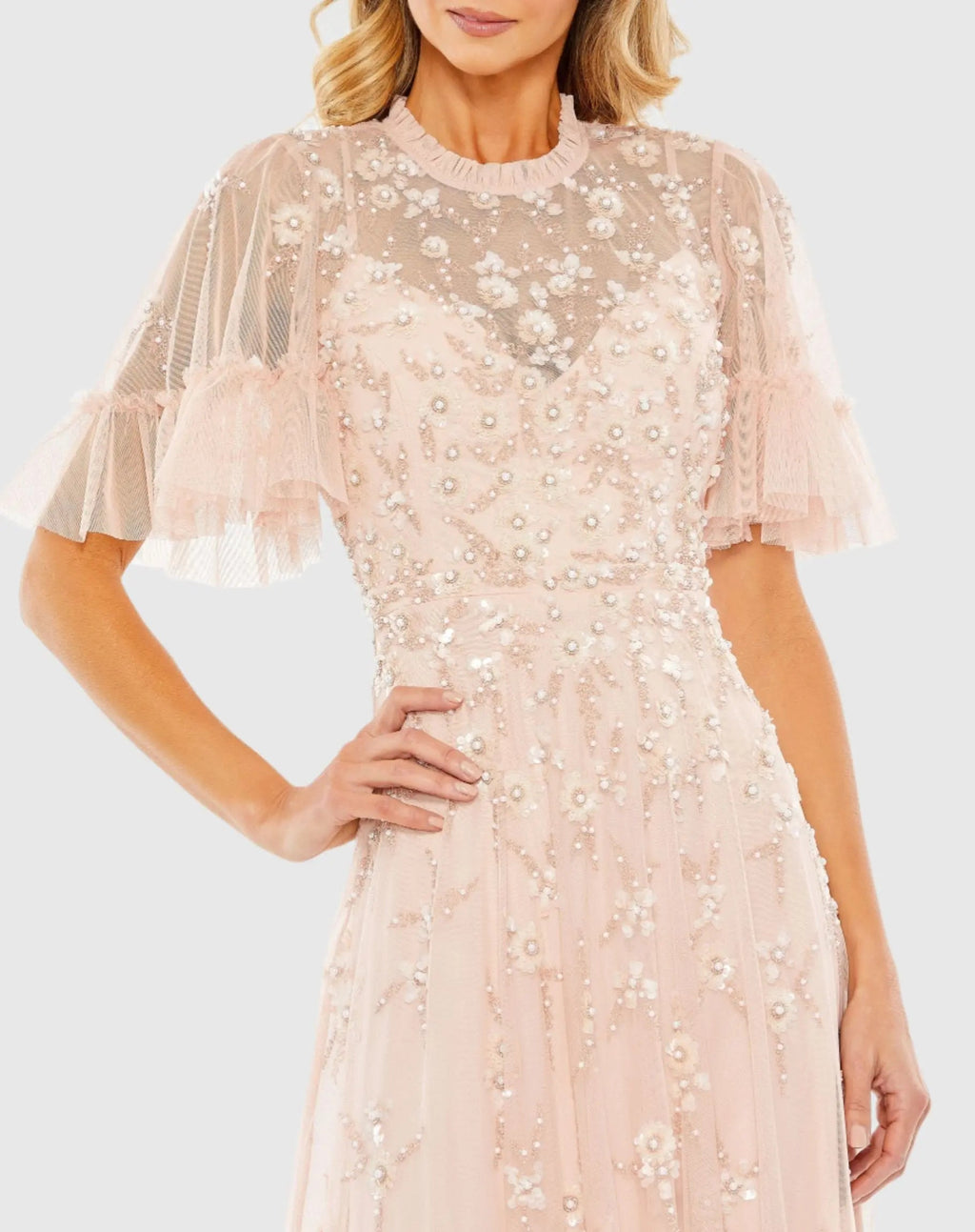 Pink Ruffled Floral Embellished Flutter Sleeve A-Line Gown