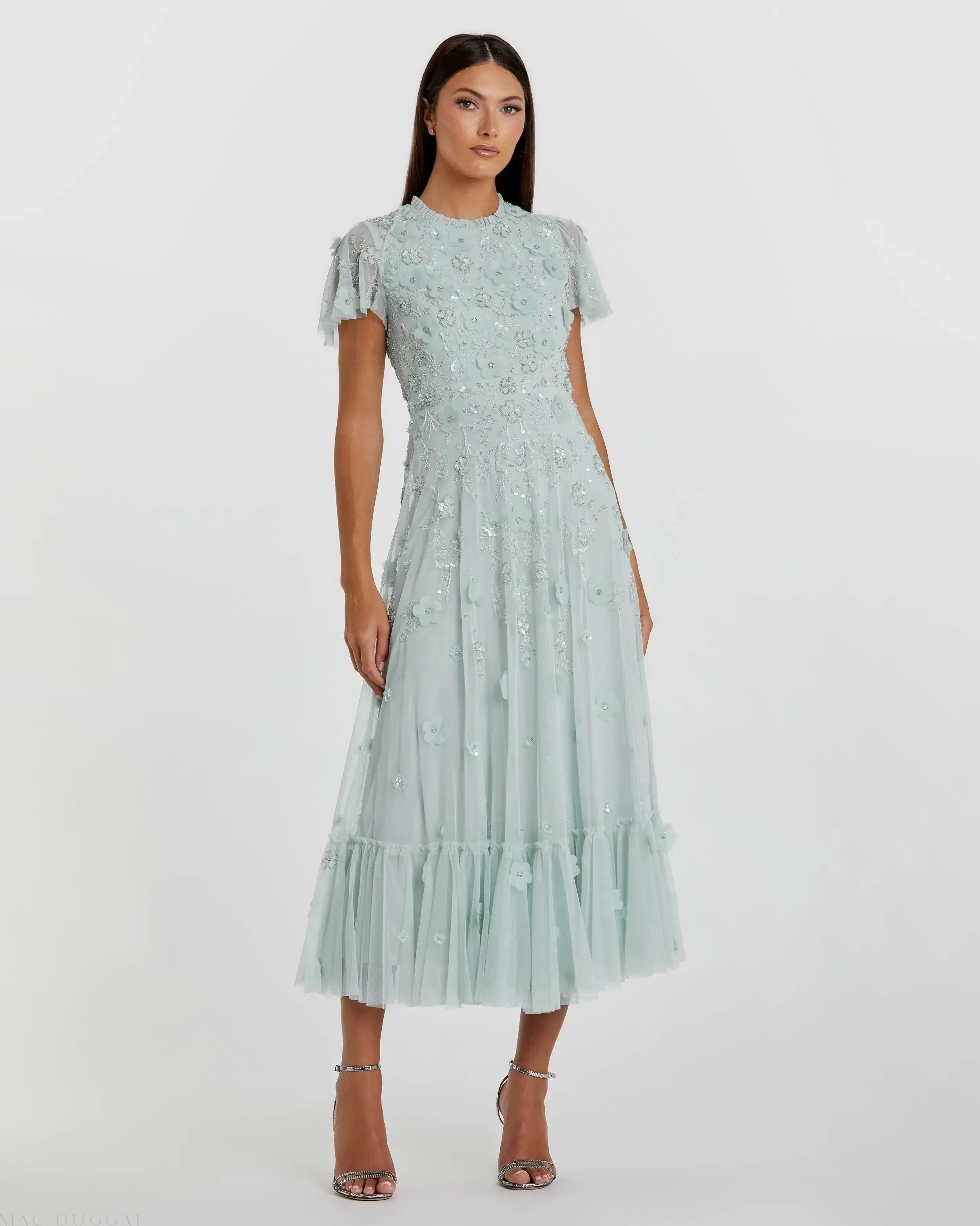 Blue Embellished High Neck Flutter Sleeve A Line Dress