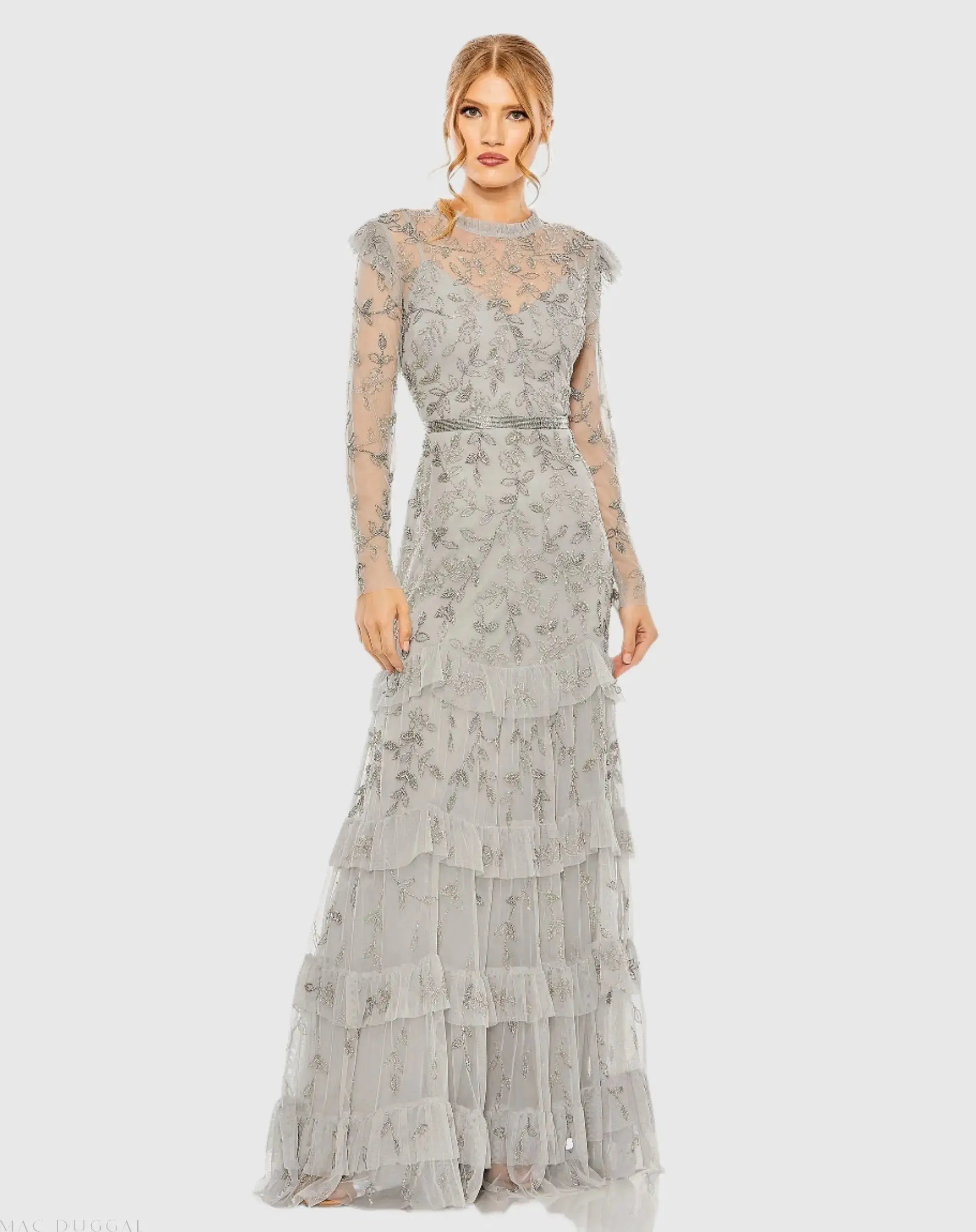 High Neck Flutter Cap Long Sleeve Tiered Embellished Gown
