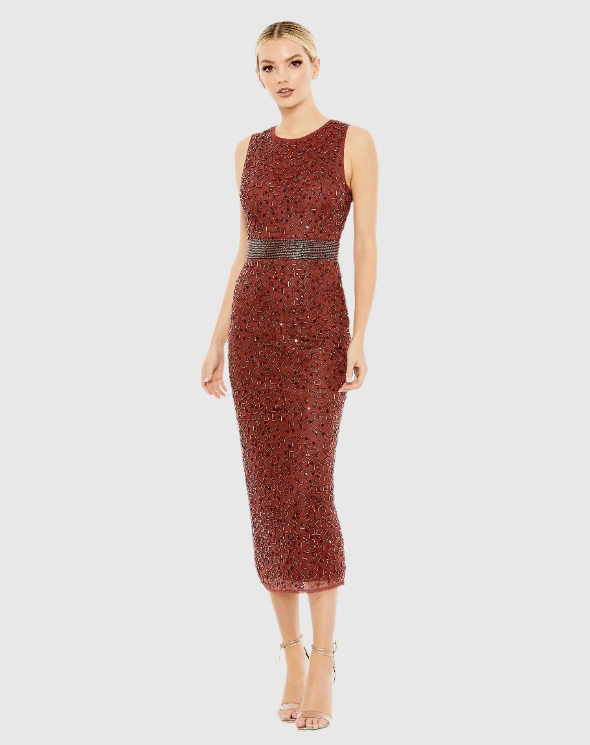 Geometric Embellished Sleeveless Column Dress