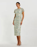 Green Embellished Mesh Fitted Cap Sleeve Cocktail Dress