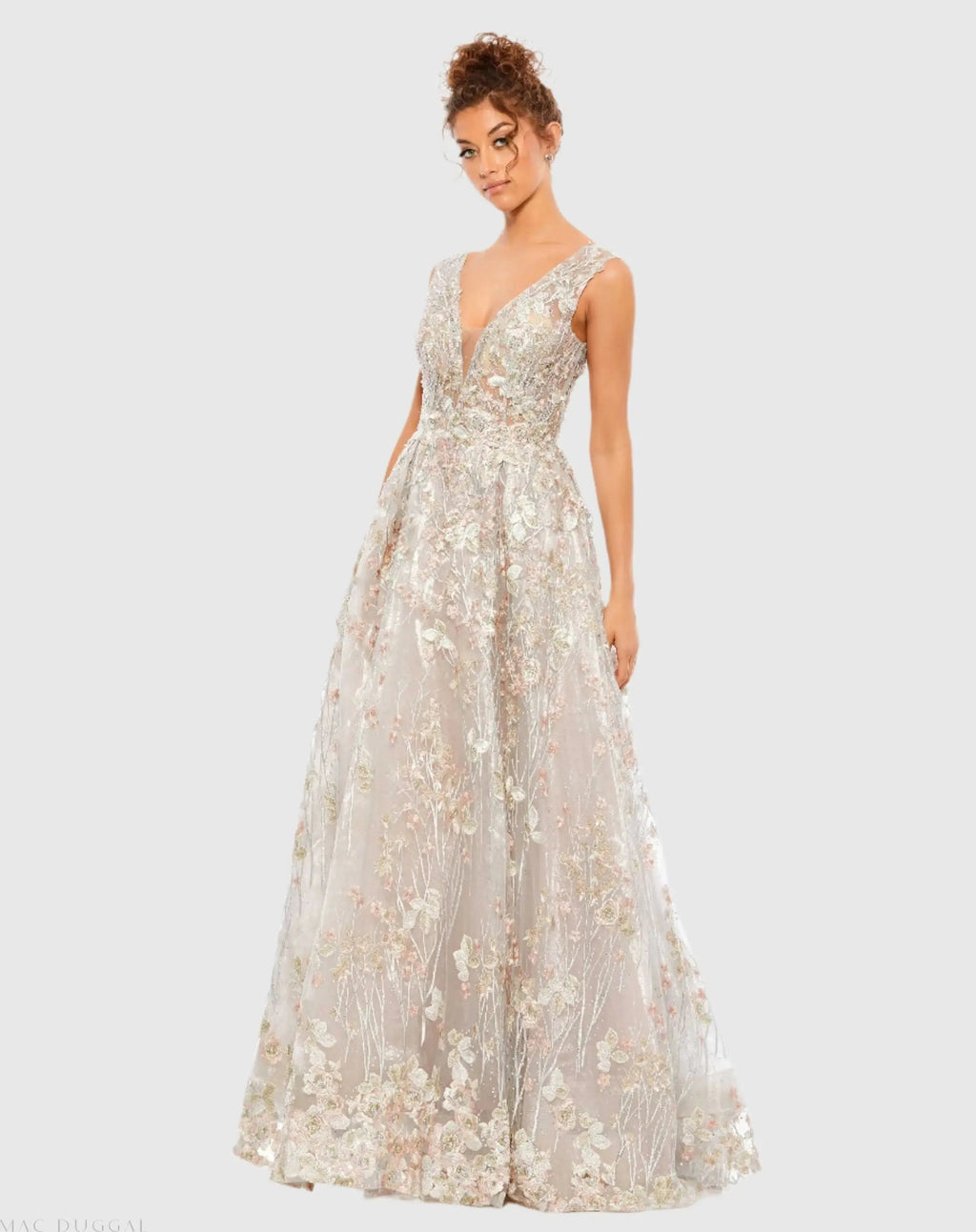 Floral Embroidered Illusion V-Neck Gown