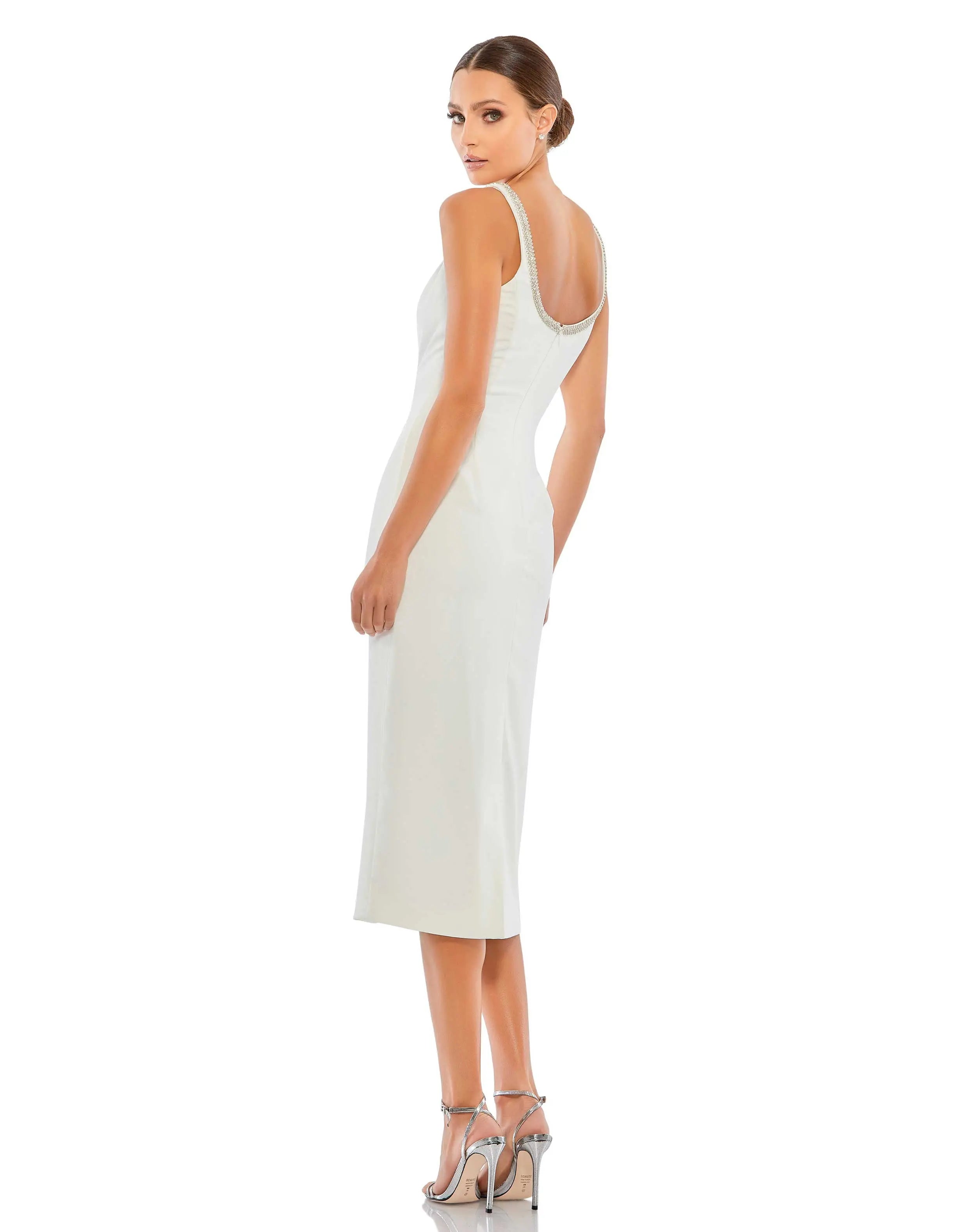 White Jeweled Scoop Neck Fitted Midi Dress