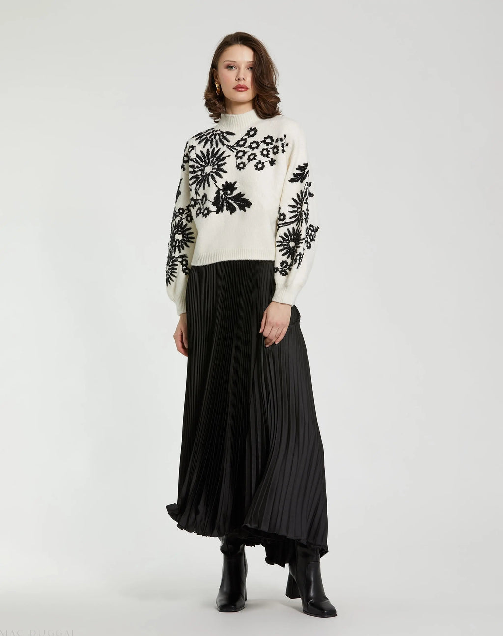 White Balloon Sleeve Cropped Mock Neck Knit Sweater