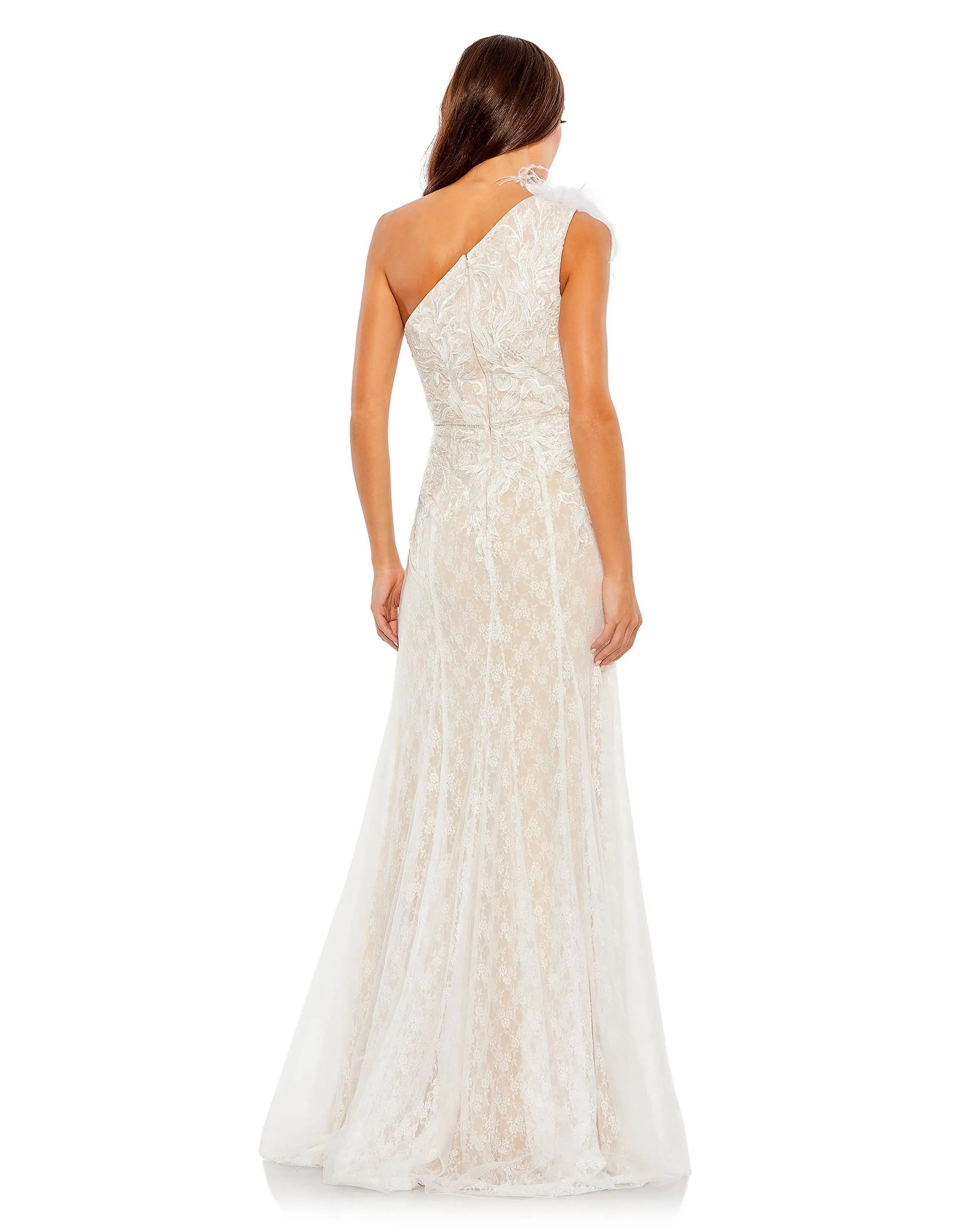 Beige Lace Embellished Feathered One Shoulder Gown