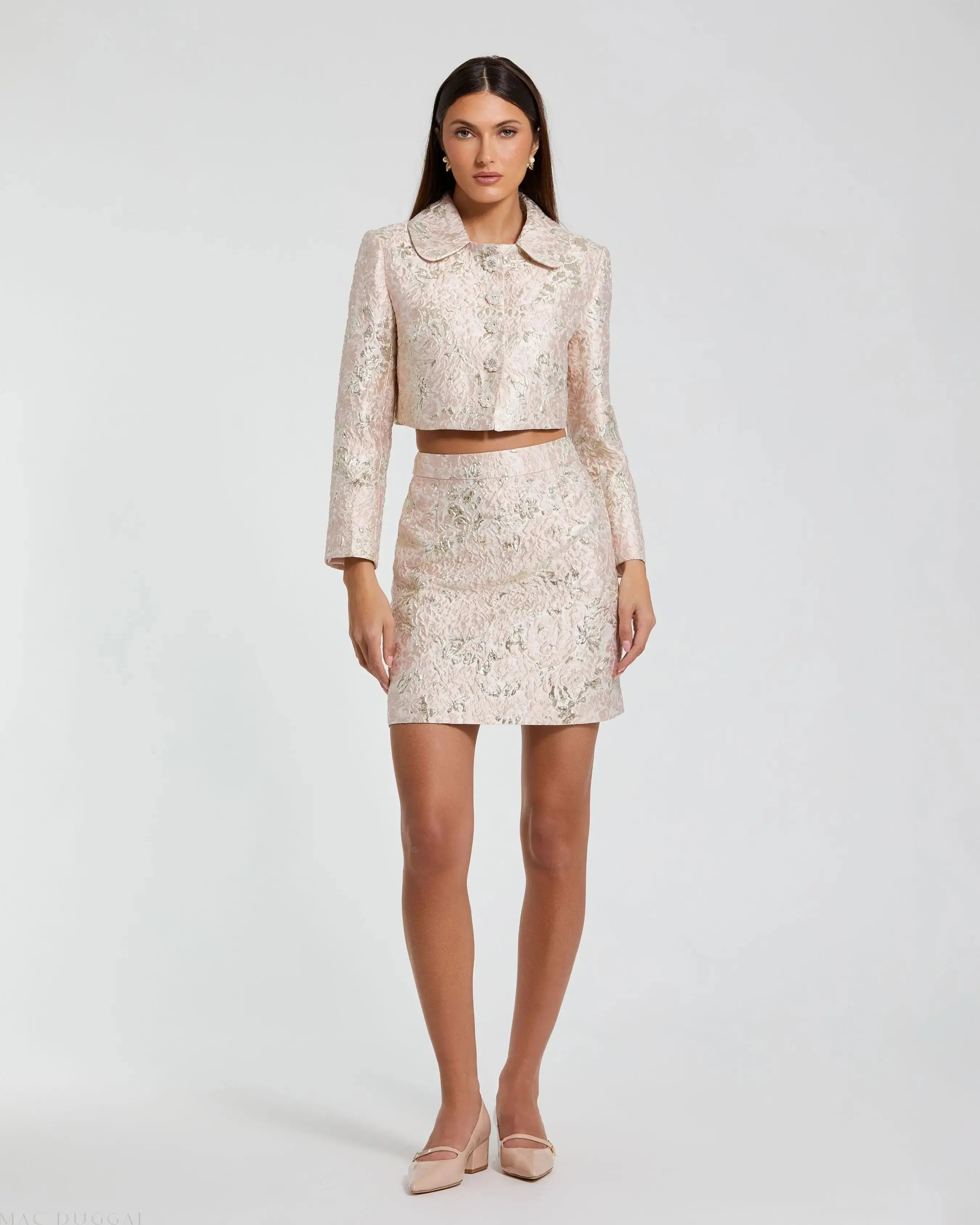 Pink Pearl Button Brocade Cropped Jacket