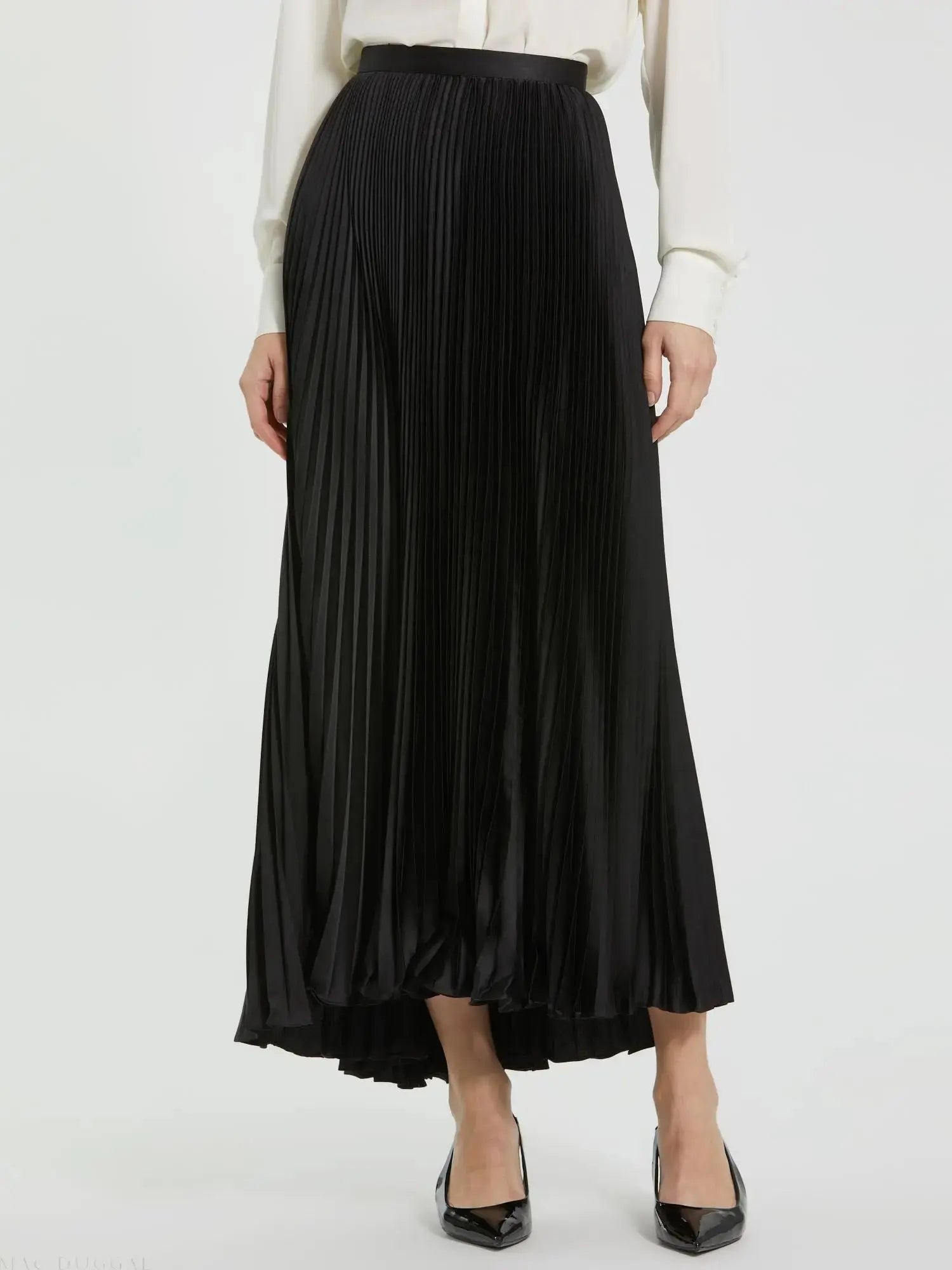 Black Pleated Satin Maxi Skirt