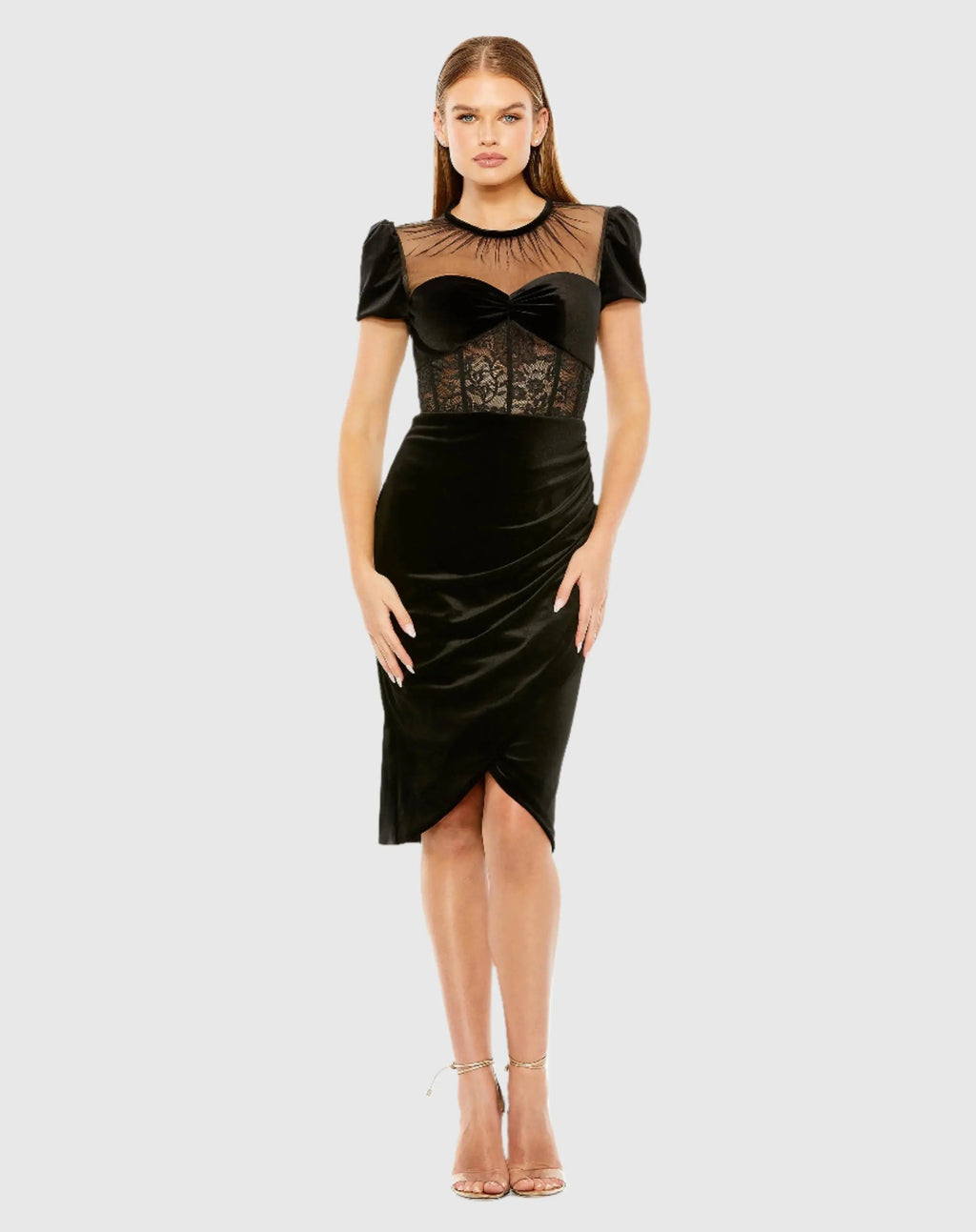 Black Short Sleeve Sheer Top Lace Bustier Dress